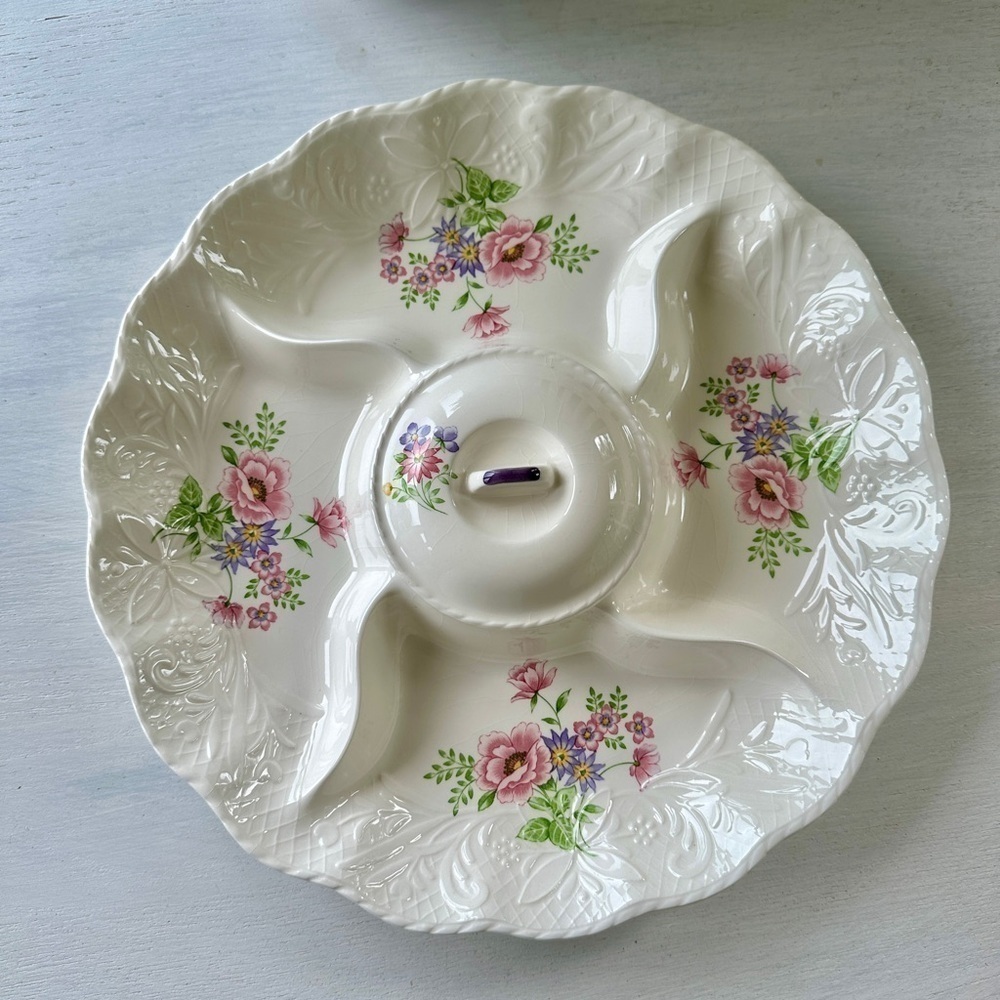 VINTAGE, 13 1/2” FINE CERAMIC, DIVIDED SERVING DISH. CREAMY OFF-WHITE DISH.